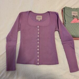Lavender Squared-Neck Button Front Long Sleeve Top